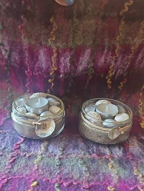 Candle Holder In Glass Jar With Sand & Seashells  Set Of 2